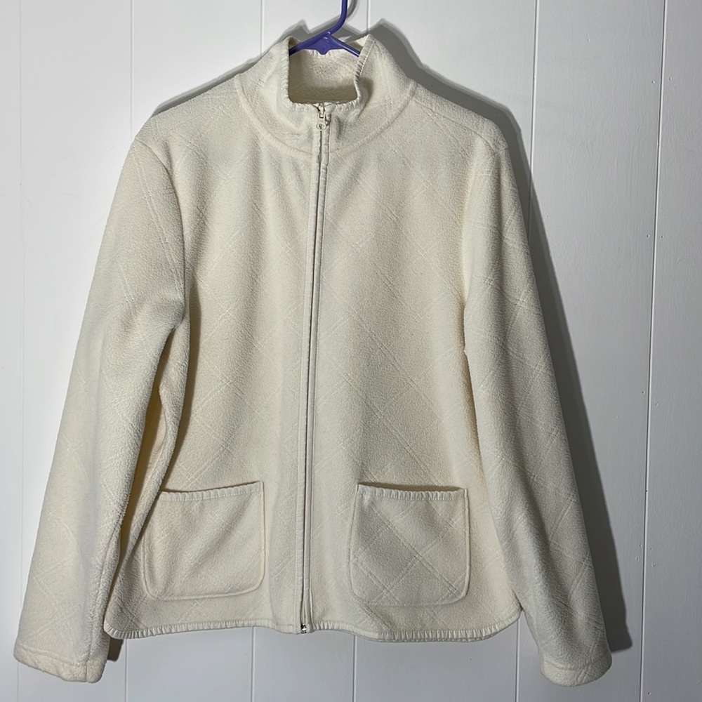 Ivory White Fleece Zip Front Lightweight Cardigan Jacket Blazer